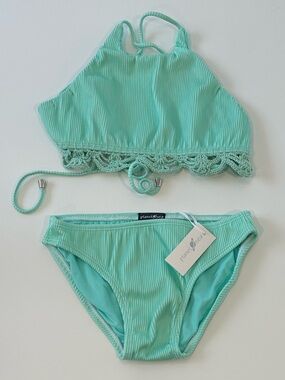 NWT Planet Sea Ribbed Open Back Halter Bikini with Crochet Trim